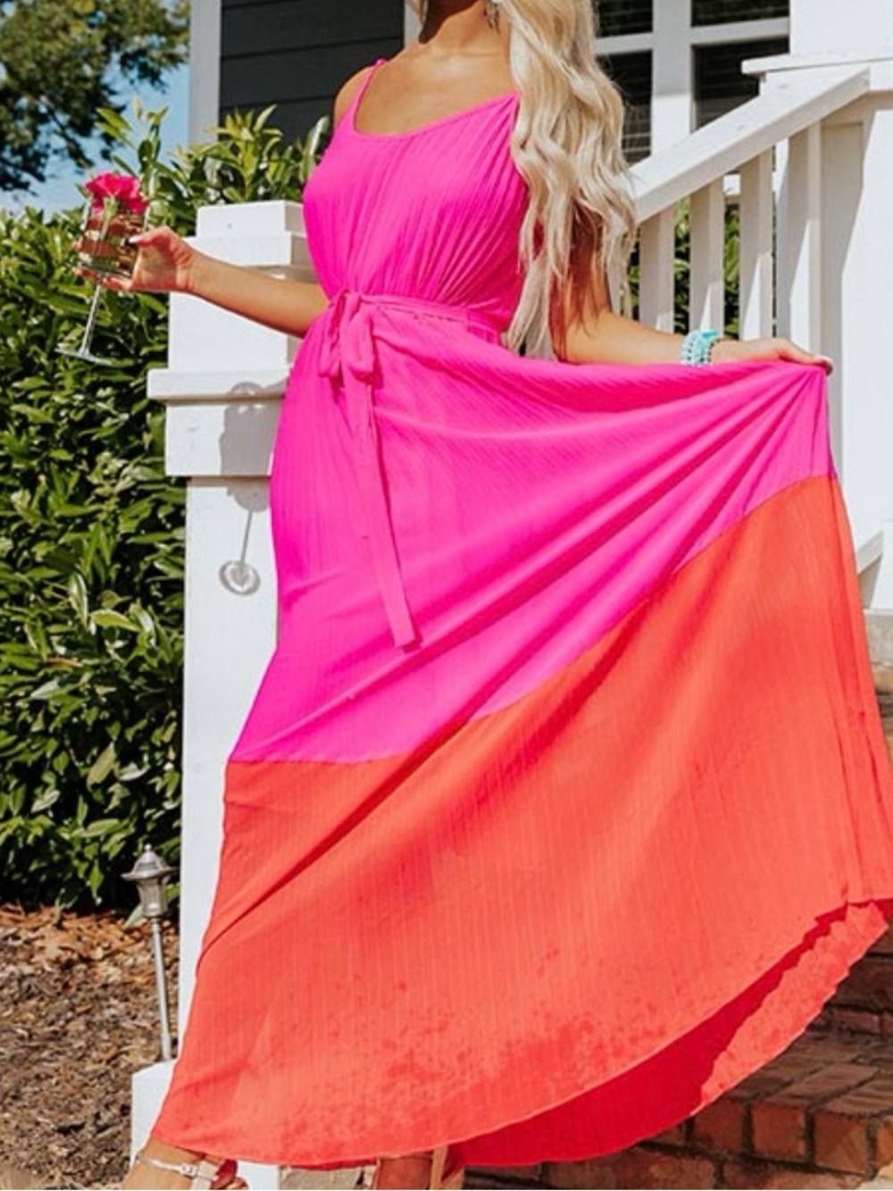 NWT Vibrant Two-Tone Maxi Dress in Hot Pink & Coral